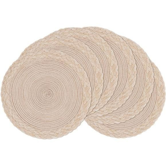 Round Placemats Set of 6 Woven Braided Border Table Mats  15 inch, Beige - Picture 1 of 7